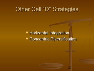 Other Cell “D” Strategies


       Horizontal Integration
       Concentric Diversification




                             27
 
