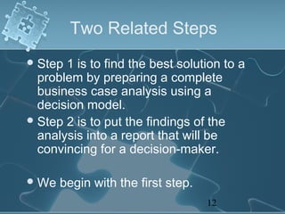 Two Related Steps
 Step 1 is to find the best solution to a
  problem by preparing a complete
  business case analysis using a
  decision model.
 Step 2 is to put the findings of the
  analysis into a report that will be
  convincing for a decision-maker.

 We   begin with the first step.
                                    12
 