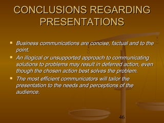 CONCLUSIONS REGARDING
        PRESENTATIONS
   Business communications are concise, factual and to the
    point.
   An illogical or unsupported approach to communicating
    solutions to problems may result in deferred action, even
    though the chosen action best solves the problem.
   The most efficient communicators will tailor the
    presentation to the needs and perceptions of the
    audience.



                                              46
 