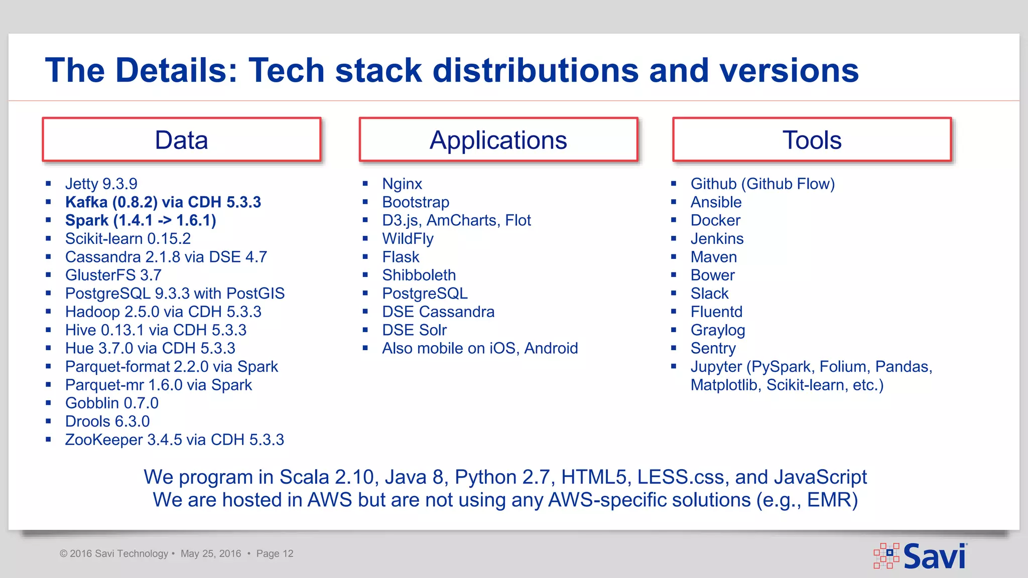 © 2016 Savi Technology • May 25, 2016 • Page 12
The Details: Tech stack distributions and versions
Data Applications Tools
 Jetty 9.3.9
 Kafka (0.8.2) via CDH 5.3.3
 Spark (1.4.1 -> 1.6.1)
 Scikit-learn 0.15.2
 Cassandra 2.1.8 via DSE 4.7
 GlusterFS 3.7
 PostgreSQL 9.3.3 with PostGIS
 Hadoop 2.5.0 via CDH 5.3.3
 Hive 0.13.1 via CDH 5.3.3
 Hue 3.7.0 via CDH 5.3.3
 Parquet-format 2.2.0 via Spark
 Parquet-mr 1.6.0 via Spark
 Gobblin 0.7.0
 Drools 6.3.0
 ZooKeeper 3.4.5 via CDH 5.3.3
 Nginx
 Bootstrap
 D3.js, AmCharts, Flot
 WildFly
 Flask
 Shibboleth
 PostgreSQL
 DSE Cassandra
 DSE Solr
 Also mobile on iOS, Android
 Github (Github Flow)
 Ansible
 Docker
 Jenkins
 Maven
 Bower
 Slack
 Fluentd
 Graylog
 Sentry
 Jupyter (PySpark, Folium, Pandas,
Matplotlib, Scikit-learn, etc.)
We program in Scala 2.10, Java 8, Python 2.7, HTML5, LESS.css, and JavaScript
We are hosted in AWS but are not using any AWS-specific solutions (e.g., EMR)
 