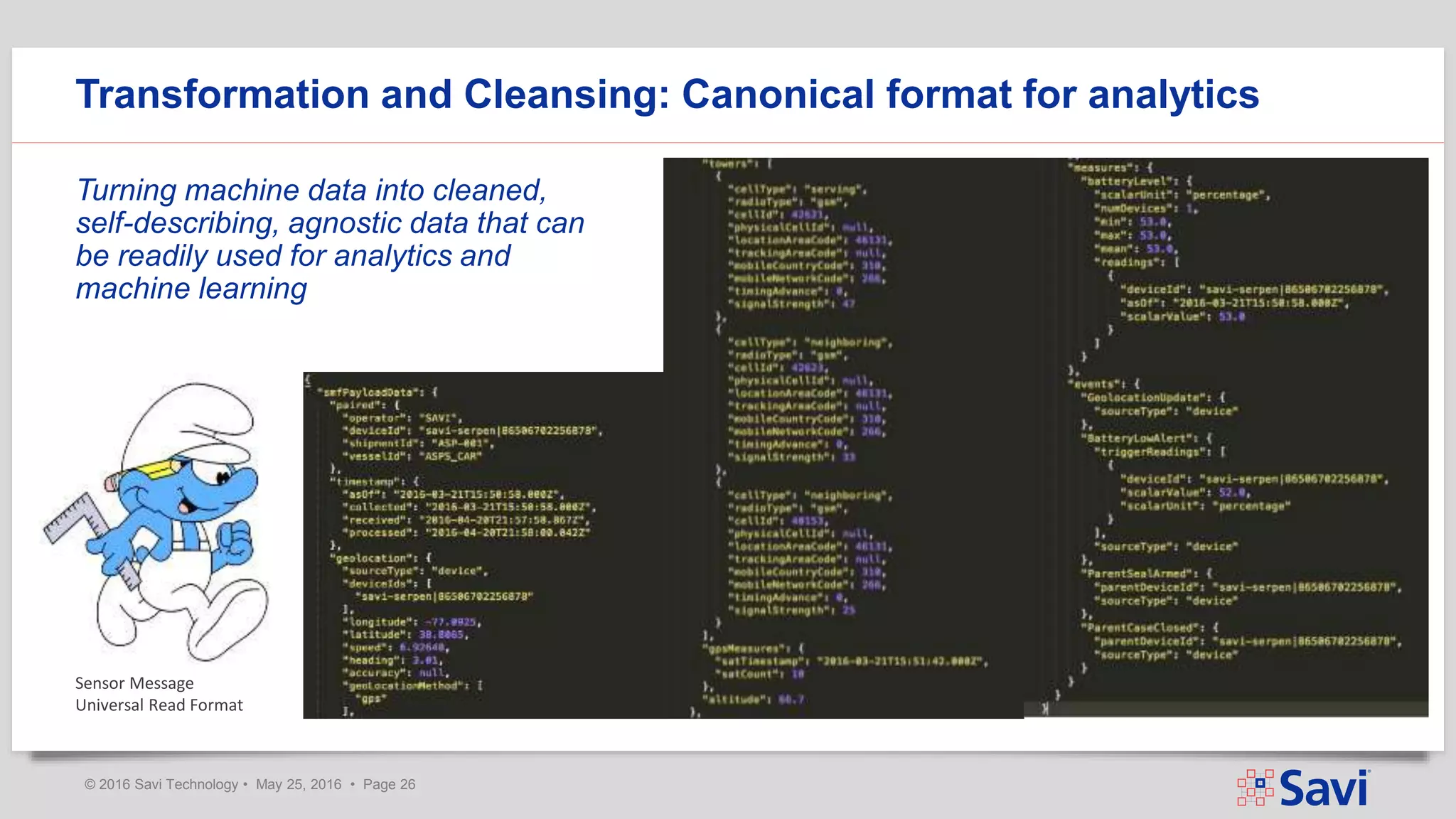 © 2016 Savi Technology • May 25, 2016 • Page 26
Transformation and Cleansing: Canonical format for analytics
Turning machine data into cleaned,
self-describing, agnostic data that can
be readily used for analytics and
machine learning
Sensor Message
Universal Read Format
 