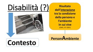 Disabilità (?)
Contesto
Risultato
dell’interazione
tra la condizione
della persona e
l’ambiente
in cui vive
(OMS, ICF 2001)
PersonAmbiente
 