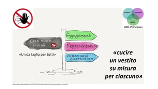 «Unica taglia per tutti»
(https://passonable.wordpress.com/2017/04/16/universal-design-for-learning-educating-for-diversity/)
«cucire
un vestito
su misura
per ciascuno»
 