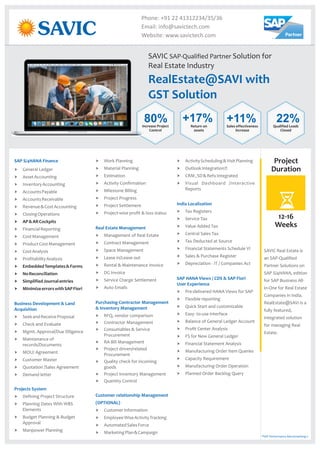 RealEstate@SAVI with
GST Solution
SAVIC SAP-Qualified Partner Solution for
Real Estate Industry
Phone: +91 22 41312234/35/36
Email: info@savictech.com
Website: www.savictech.com
SAP S/4HANA Finance
Business Development & Land
Acquisition
Projects System
† General Ledger
† AssetAccounting
† InventoryAccounting
† AccountsPayable
† AccountsReceivable
† Revenue&CostAccounting
† ClosingOperations
† FinancialReporting
† CostManagement
† ProductCostManagement
† CostAnalysis
† ProfitabilityAnalysis
† SeekandReceiveProposal
† Check and Evaluate
† Mgmt. Approval/Due Diligence
† Maintenance of
records/Documents
† MOU/ Agreement
† Customer Master
† Quotation /Sales Agreement
† Demand letter
† Defining Project Structure
† Planning Dates With WBS
Elements
† Budget Planning & Budget
Approval
† Manpower Planning
† AP&ARCockpits
† EmbeddedTemplates&Forms
† NoReconciliation
† SimplifiedJournalentries
† MinimizeerrorswithSAPFiori
† Work Planning
† Material Planning
† Estimation
† Activity Confirmation
† Milestone Billing
† Project Progress
† Project Settlement
† Project-wise profit & loss status
† Management of Real Estate
† Contract Management
† Space Management
† Lease in/Lease out
† Rental & Maintenance Invoice
† DG Invoice
† Service Charge Settlement
† Auto Emails
† RFQ, vendor comparison
† Contractor Management
† Consumables & Service
Procurement
† RA Bill Management
† Project driven/related
Procurement
† Quality check for incoming
goods
† Project Inventory Management
† Quantity Control
† CustomerInformation
† EmployeeWiseActivityTracking
† AutomatedSalesForce
† MarketingPlan&Campaign
Real Estate Management
Purchasing Contractor Management
& Inventory Management
Customer relationship Management
(OPTIONAL)
† ActivityScheduling&VisitPlanning
† OutlookIntegration 
† CRM,SD&RefxIntegrated
† Visual Dashboard /Interactive
Reports
† Tax Registers
† Service Tax
† Value Added Tax
† Central Sales Tax
† Tax Deducted at Source
† Financial Statements Schedule VI
† Sales & Purchase Register
† Depreciation - IT / Companies Act
† Pre-delivered HANA Views for SAP
† Flexible reporting
† Quick Start and customizable
† Easy- to-use interface
† Balance of General Ledger Account
† Profit Center Analysis
† FS for New General Ledger
† Financial Statement Analysis
† Manufacturing Order Item Queries
† Capacity Requirement
† Manufacturing Order Operation
† Planned Order Backlog Query
India Localization
SAP HANA Views / CDS & SAP Fiori
User Experience
80%Increase Project
Control
+17%Return on
assets
+11%Sales effectiveness
increase
22%Qualified Leads
Closed
Project
Duration
12-16
Weeks
SAVIC Real Estate is
an SAP-Qualified
Partner Solutions on
SAP S/4HANA, edition
for SAP Business All-
in-One for Real Estate
Companies in India.
RealEstate@SAVI is a
fully featured,
integrated solution
for managing Real
Estate.
*SAP Performance Benchmarking »
 