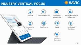 INDUSTRY VERTICAL FOCUS
Chemicals Consumer Products Engineering &
Construction
Industry Machinery &
Components
Professional
Service
Manufacturing Retail Wholesale &
Distribution
Logistics &
Distribution
10
 