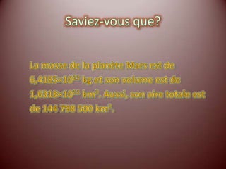 Saviez-vous que?La sonde américaine«Global Surveyor»,qui s’est placée en orbite martiennele 11 septembre1997, a établi la première carte complète de laplanète Mars.