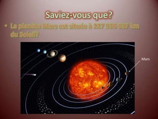 Saviez-vous que?La raison que la planète reçoit son nom du dieu de la guerre romain « Mars », est à cause de sa couleur rouge qui fait penser au sang des champs de bataille. Signe du dieu et de laplanète MarsLe dieu Mars est aussi le dieude la végétation, la fertilité et l’agriculture.