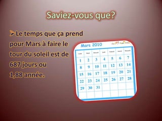 Saviez-vous que?Le temps que ça prendpour Mars à faire le tour du soleil est de687 jours ou1,88 année. 