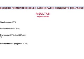 RISULTATIRISULTATI
Aspetti socialiAspetti sociali
Vita di coppia: 57%
Attività lavorativa: 57%
Gravidanza: 27% di cui 22% con
PAH
Ricorrenza nella progenie: 1.3 %
 