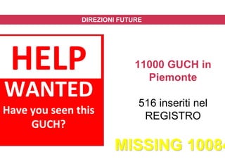 DIREZIONI FUTURE
WANTED
Have you seen this
GUCH?
HELP 11000 GUCH in
Piemonte
516 inseriti nel
REGISTRO
MISSING 10084MISSING 10084
 