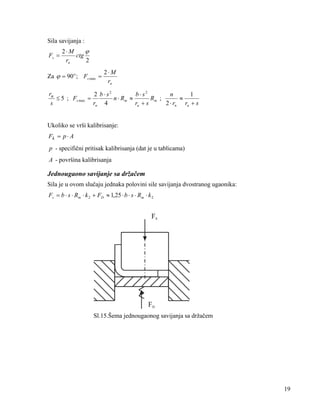 Sila savijanja :
Fs =

2⋅M
ϕ
ctg
rn
2

Za ϕ = 90 ο ; Fs max =

2⋅M
rn

ru
b ⋅ s2
n
1
2 b ⋅ s2
n ⋅ Rm ≈
≈
≤ 5 ; Fs max =
Rm ;
rn 4
ru + s
2 ⋅ rn ru + s
s

Ukoliko se vrši kalibrisanje:
Fk = p ⋅ A
p - specifični pritisak kalibrisanja (dat je u tablicama)
A - površina kalibrisanja

Jednougaono savijanje sa držačem
Sila je u ovom slučaju jednaka polovini sile savijanja dvostranog ugaonika:
Fs = b ⋅ s ⋅ Rm ⋅ k 2 + FD ≈ 1,25 ⋅ b ⋅ s ⋅ Rm ⋅ k 2

Sl.15.Šema jednougaonog savijanja sa držačem

19

 