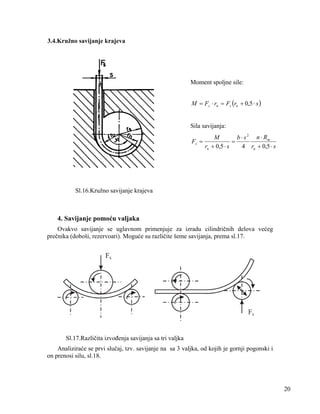 3.4.Kružno savijanje krajeva

Moment spoljne sile:
M = Fs ⋅ rn = Fs (ru + 0,5 ⋅ s )

Sila savijanja:
Fs =

M
b ⋅ s 2 n ⋅ Rm
=
ru + 0,5 ⋅ s
4 ru + 0,5 ⋅ s

Sl.16.Kružno savijanje krajeva

4. Savijanje pomoću valjaka
Ovakvo savijanje se uglavnom primenjuje za izradu cilindričnih delova većeg
prečnika (doboši, rezervoari). Moguće su različite šeme savijanja, prema sl.17.

Sl.17.Različita izvođenja savijanja sa tri valjka
Analiziraće se prvi slučaj, tzv. savijanje na sa 3 valjka, od kojih je gornji pogonski i
on prenosi silu, sl.18.

20

 