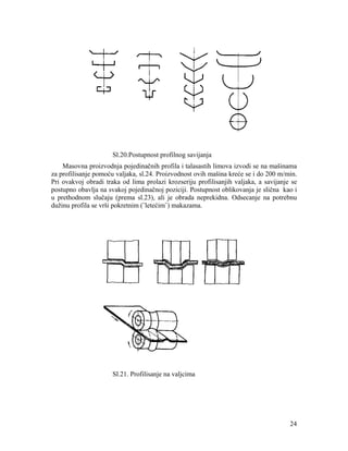 Sl.20.Postupnost profilnog savijanja
Masovna proizvodnja pojedinačnih profila i talasastih limova izvodi se na mašinama
za profilisanje pomoću valjaka, sl.24. Proizvodnost ovih mašina kreće se i do 200 m/min.
Pri ovakvoj obradi traka od lima prolazi krozseriju profilisanjih valjaka, a savijanje se
postupno obavlja na svakoj pojedinačnoj poziciji. Postupnost oblikovanja je slična kao i
u prethodnom slučaju (prema sl.23), ali je obrada neprekidna. Odsecanje na potrebnu
dužinu profila se vrši pokretnim (˝letećim˝) makazama.

Sl.21. Profilisanje na valjcima

24

 