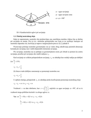 α - ugao savijanja

ϕ - ugao savijene zone
α + ϕ = 180 ο

Sl.4. Karakteristični uglovi pri savijanju
1.1. Položaj neutralnog sloja
Kako je napomenuto, neutralni sloj predstavljaju ona zamišljena metalna vlakna čija se dužina
pri savijanju ne menja. Ovo je tzv. neutralna geometrijska osa, koja se ne razlikuje značajno od
neutralne naponske ose, kod koje je napon u tangencijlnom pravcu (σ 1 ) jednak 0.
Poznavanje položaja neutralne geometrijske ose je važno zbog određivanja početnih dimenzija
komada pre savijanja, kao i nekih dopunskih elemenata savijanja.
Pre savijanja, neutralna osa se poklapa sa geometrijskom osom; pri obradi se pomera ka centru
savijanja, posebno pri savijanju oko malih radijusa ru .
Kod savijanja sa velikim poluprečnikom savijanja, rn se određuje kao srednji radijus po debljini
r
(za u ≥ 10 )
s

rn = ru +

s
2

Za limove male debljine zanemaruje se pomeranje neutralne ose:

rn = ru +

s
2

U opštem slučaju, poluprečnik rn se određuje preko koeficijenata pomeranja neutralnog sloja:
rn − ru = xs ⇒ rn = ru + xs
⎛r ⎞
Vrednosti x su date tabelarno, kao x = f ⎜ u ⎟ , najčešće za ugao savijanja α = 90 ο , ali se te
⎝ s ⎠
vrednosti mogu približno koristiti i za druge uglove α .
Npr. za

ru
= 10; x = 0,5 ⇒ rn = ru + 0,5s
s
ru
= 0,1; x = 0,3 ⇒ rn = ru + 0,3s
s

3

 
