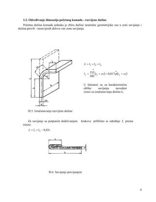 1.2. Određivanje dimenzija početnog komada - razvijene dužine

Početna dužina komada jednaka je zbiru dužine neutralne geometrijske ose u zoni savijanja i
dužina pravih - nesavijenih delova van zone savijanja.

L = l1 + l 2 + l n
•

ln =

πϕ
180

•

(ru + xs ) = 0,017 ϕ (ru + xs )

U literaturi su za karakteristične
oblike
savijanja
navedeni
izrazi za izračunavanja dužine L.

Sl.5. Izračunavanje razvijene dužine
Za savijanje sa potpunim dodirivanjem
izrazu:

krakova približno se određuje L prema

L = l1 + l 2 − 0,43s

Sl.6. Savijanje previjanjem

4

 
