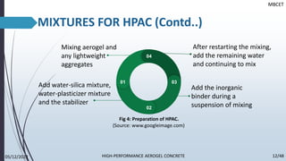 01
02
03
04
Add water-silica mixture,
water-plasticizer mixture
and the stabilizer
After restarting the mixing,
add the remaining water
and continuing to mix
Add the inorganic
binder during a
suspension of mixing
Mixing aerogel and
any lightweight
aggregates
MIXTURES FOR HPAC (Contd..)
MBCET
05/12/2022 12/48
HIGH-PERFORMANCE AEROGEL CONCRETE
Fig 4: Preparation of HPAC.
(Source: www.googleimage.com)
 
