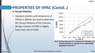 4. Young’s Modulus
▪ Standard cylinders with dimensions of
150mm x 300mm are used to determine
the Young’s Modulus of the mixtures.
▪ Young’s modulus of HPAC is slightly
lower than that of LWAC.
PROPERTIES OF HPAC (Contd..)
MBCET
Fig 9: Relation between the Compression Strength and
Young’s Modulus in comparison to Lightweight
Aggregate Concrete.[4]
05/12/2022 17/48
HIGH-PERFORMANCE AEROGEL CONCRETE
 