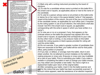 ✖   (1) Mark only with a writing instrument provided by the board of
    elections.
     (2) To vote for a candidate whose name is printed on this ballot fill in
                                                                                 19




    the (insert oval or square, as applicable) above or next to the name of
    the candidate.
    (3) To vote for a person whose name is not printed on this ballot write
    or stamp his or her name in the space labeled “write-in” that appears
    (insert at the bottom of the column, the end of the row or at the bottom
    of the candidate names, as applicable) for such office (and, if required
    by the voting system in use at such election, the instructions shall also
    include “and fill in the (insert oval or square, as applicable)
    corresponding with the write-in space in which you have written in a
    name”).
    (4) To vote yes or no on a proposal, if any, that appears on the
    (indicate where on the ballot the proposal may appear) fill in the
    (insert oval or square, as applicable) that corresponds to your vote.
    (5) Any other mark or writing, or any erasure made on this ballot
    outside the voting squares or blank spaces provided for voting will
    void this entire ballot.
    (6) Do not overvote. If you select a greater number of candidates than
    there are vacancies to be filled, your ballot will be void for that public
    office, party position or proposal.
    (7) If you tear, or deface, or wrongly mark this ballot, return it and
    obtain another. Do not attempt to correct mistakes on the ballot by
    making erasures or cross outs. Erasures or cross outs may invalidate
    all or part of your ballot. Prior to submitting your ballot, if you make a
    mistake in completing the ballot or wish to change your ballot choices,
    you may obtain and complete a new ballot. You have a right to a
    replacement ballot upon return of the original ballot.
    (8) After completing your ballot, insert it into the ballot scanner and
    wait for the notice that your ballot has been successfully scanned. If
    no such notice appears, seek the assistance of an election inspector.
 