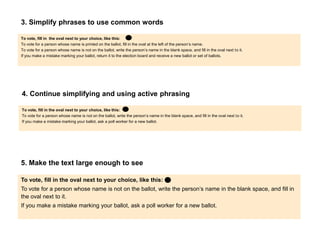 3. Simplify phrases to use common words                                                                                              27

To vote, fill in the oval next to your choice, like this:
To vote for a person whose name is printed on the ballot, fill in the oval at the left of the person’s name.
To vote for a person whose name is not on the ballot, write the person’s name in the blank space, and fill in the oval next to it.
If you make a mistake marking your ballot, return it to the election board and receive a new ballot or set of ballots.




4. Continue simplifying and using active phrasing

To vote, fill in the oval next to your choice, like this:
To vote for a person whose name is not on the ballot, write the person’s name in the blank space, and fill in the oval next to it.
If you make a mistake marking your ballot, ask a poll worker for a new ballot.




 5. Make the text large enough to see

To vote, fill in the oval next to your choice, like this:

To vote for a person whose name is not on the ballot, write the person’s name in the blank space,
and fill in the oval next to it.

If you make a mistake marking your ballot, ask a poll worker for a new ballot.
 