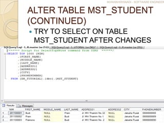 IKHWAN KRISNADI - SOFTWARE ENGINEER


ALTER TABLE MST_STUDENT
(CONTINUED)
   TRY TO SELECT ON TABLE
    MST_STUDENT AFTER CHANGES
 