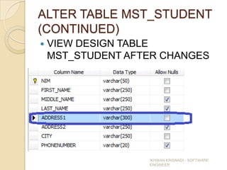 ALTER TABLE MST_STUDENT
(CONTINUED)
   VIEW DESIGN TABLE
    MST_STUDENT AFTER CHANGES




                   IKHWAN KRISNADI - SOFTWARE
                   ENGINEER
 
