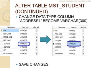 IKHWAN KRISNADI - SOFTWARE ENGINEER


ALTER TABLE MST_STUDENT
(CONTINUED)
   CHANGE DATA TYPE COLUMN
    “ADDRESS1” BECOME VARCHAR(300)




   SAVE CHANGES
 