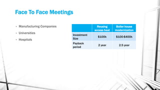 Face To Face Meetings

•   Manufacturing Companies                  Reusing     Boiler house
                                           access heat   modernization
•   Universities
                              Investment
                                             $100k       $100-$400k
•   Hospitals                 Size
                              Payback
                                             2 year        2.5 year
                              period
 