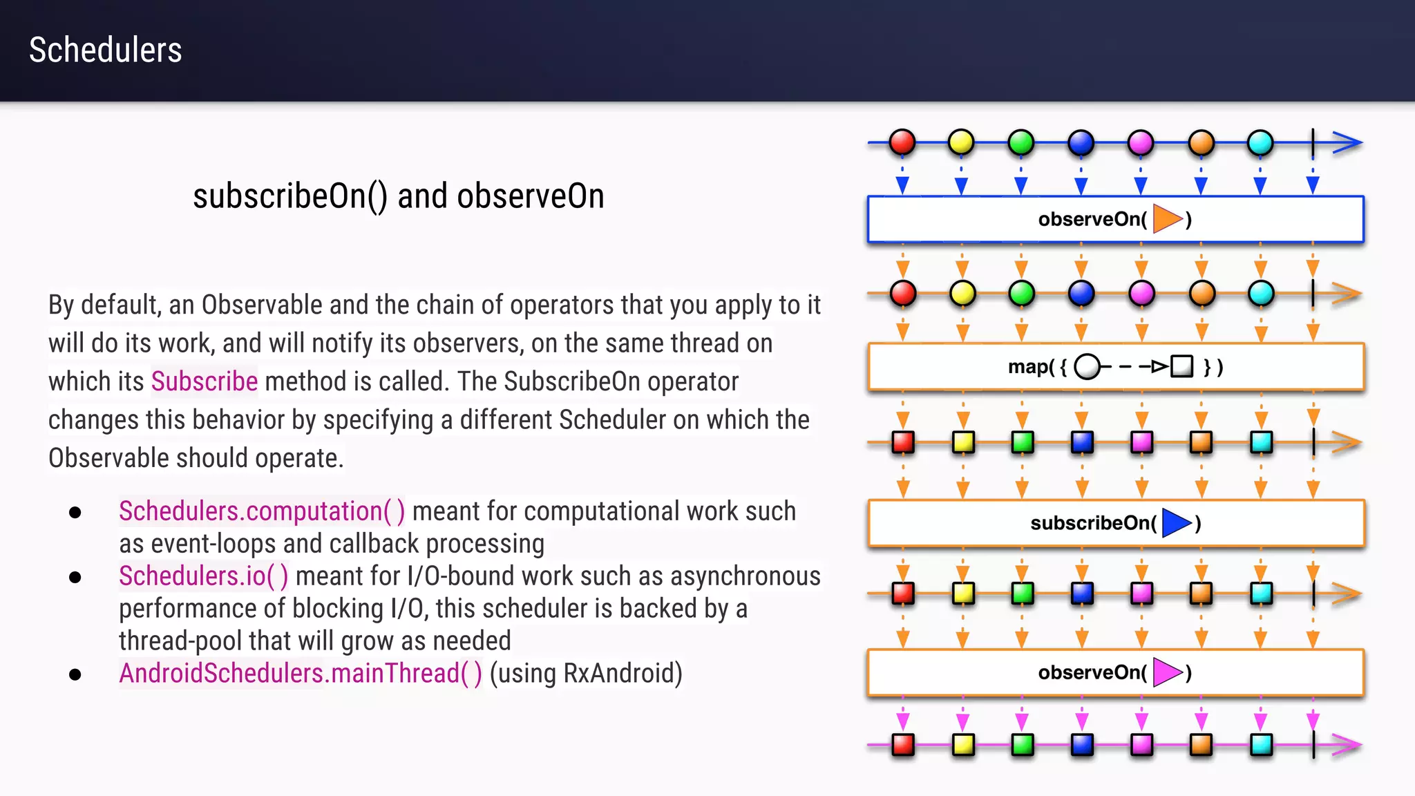 Schedulers
By default, an Observable and the chain of operators that you apply to it
will do its work, and will notify its observers, on the same thread on
which its Subscribe method is called. The SubscribeOn operator
changes this behavior by specifying a different Scheduler on which the
Observable should operate.
● Schedulers.computation( ) meant for computational work such
as event-loops and callback processing
● Schedulers.io( ) meant for I/O-bound work such as asynchronous
performance of blocking I/O, this scheduler is backed by a
thread-pool that will grow as needed
● AndroidSchedulers.mainThread( ) (using RxAndroid)
subscribeOn() and observeOn
 