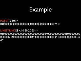 Example
POINT(6 10) =
010100000000000000000018400000000000002440

LINESTRING(3 4,10 50,20 25) =
01020000000300000000000000000008400000000000001040000000
00000024400000000000004940000000000000344000000000000039
40
 
