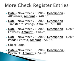 More Check Register EntriesDate – November 20, 2009, Description – Allowance, Amount - $40.00Date – November 20, 2009, Description – Transfer to savings, Amount - $50.00Date – November 25, 2009, Description – Debit Edwards, Amount – $18.75Date – November 28, 2009, Description – Debit Panda Express, Amount – $6.37Check 0004Date – November 30, 2009, Description – Paycheck, Amount $154.00