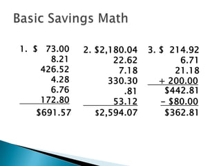 Basic Savings Math1.  $   73.00            8.21        426.52            4.28            6.76        172.802. $2,180.04           22.62             7.18         330.30               .81           53.123. $  214.92            6.71          21.18    + 200.00$442.81- $80.00$691.57$2,594.07$362.81