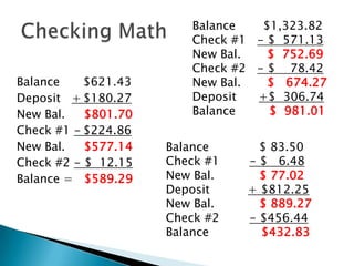 Checking Math Balance  	$1,323.82Check #1   - $  571.13New Bal.       $  752.69Check #2   - $    78.42New Bal.       $   674.27Deposit      +$  306.74Balance         $  981.01Balance	$621.43Deposit   +	$180.27New Bal.     $801.70Check #1 -	$224.86New Bal.     $577.14Check #2 - $  12.15Balance =   $589.29Balance	      $ 83.50Check #1        - $   6.48New Bal.            $ 77.02Deposit	   + $812.25New Bal.            $ 889.27Check #2        - $456.44Balance              $432.83