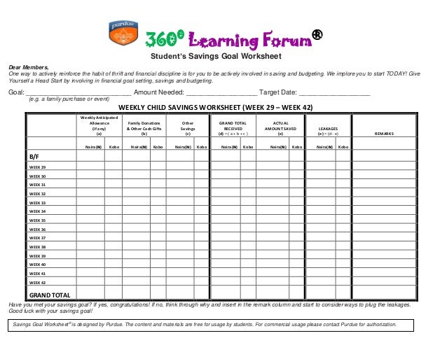 Student Savings Goal Worksheet