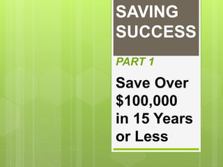 Save Over
$100,000
in 15 Years
or Less
SAVING
SUCCESS
PART 1
 