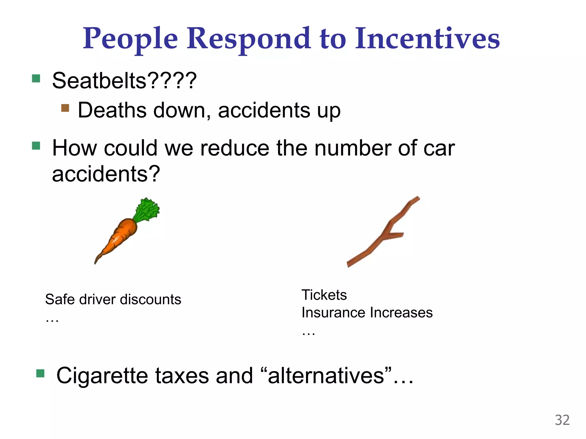 People Respond to Incentives
 Seatbelts????
 Deaths down, accidents up
 How could we reduce the number of car
accidents?
32
Safe driver discounts
…
Tickets
Insurance Increases
…
 Cigarette taxes and “alternatives”…
 