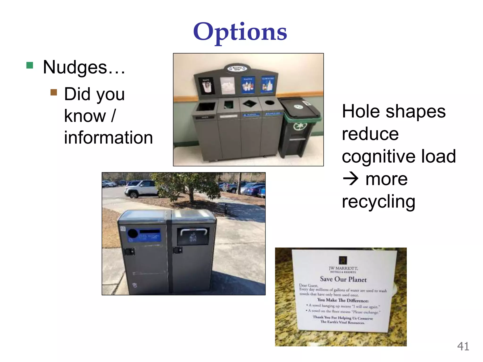 Options
 Nudges…
 Did you
know /
information
41
Hole shapes
reduce
cognitive load
 more
recycling
 