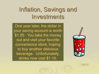 Inflation, Savings and
Investments
One year later, the dollar in
your saving account is worth
$1.05. You take the money
ou...