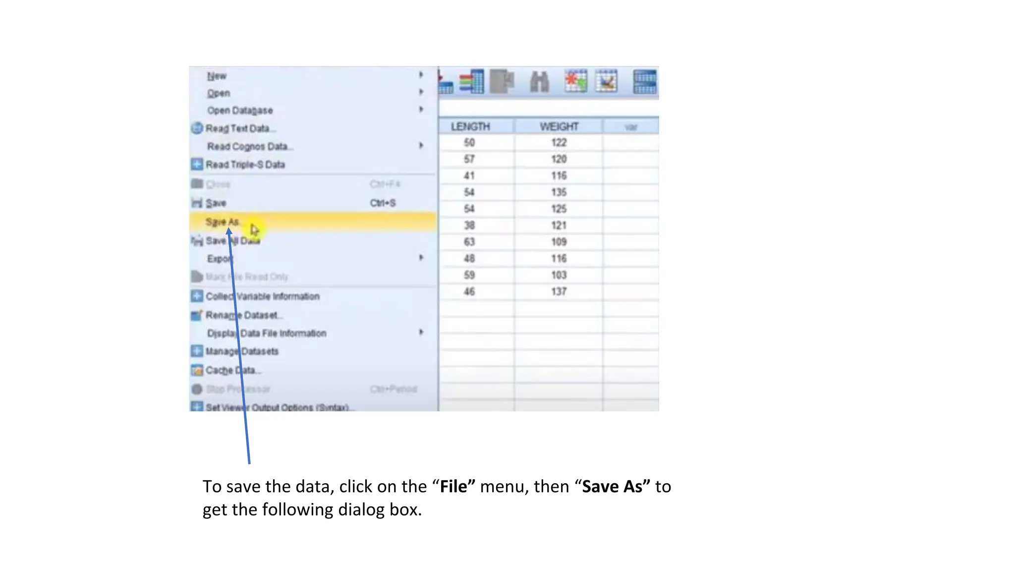 To save the data, click on the “File” menu, then “Save As” to
get the following dialog box.
 