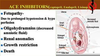 SAVIN /PHARMACY DEPT/HAI ALMINA HC 13
ACE INHIBITORS(captopril, Enalapril, Lisinopril)
◼ Fetopathy-
Due to prolonged hypotension & hypo
perfusion
◼ Oligohydramnios (decreased
amniotic fluid)
◼ Renal anomalies
◼ Growth restriction
◼ Death
 