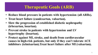 Therapeutic Goals (ARB)
• Reduce blood pressure in patients with hypertension (all ARBs).
• Treat heart failure (candesart...
