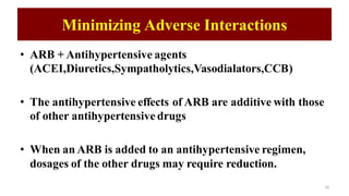 Minimizing Adverse Interactions
• ARB + Antihypertensive agents
(ACEI,Diuretics,Sympatholytics,Vasodialators,CCB)
• The an...