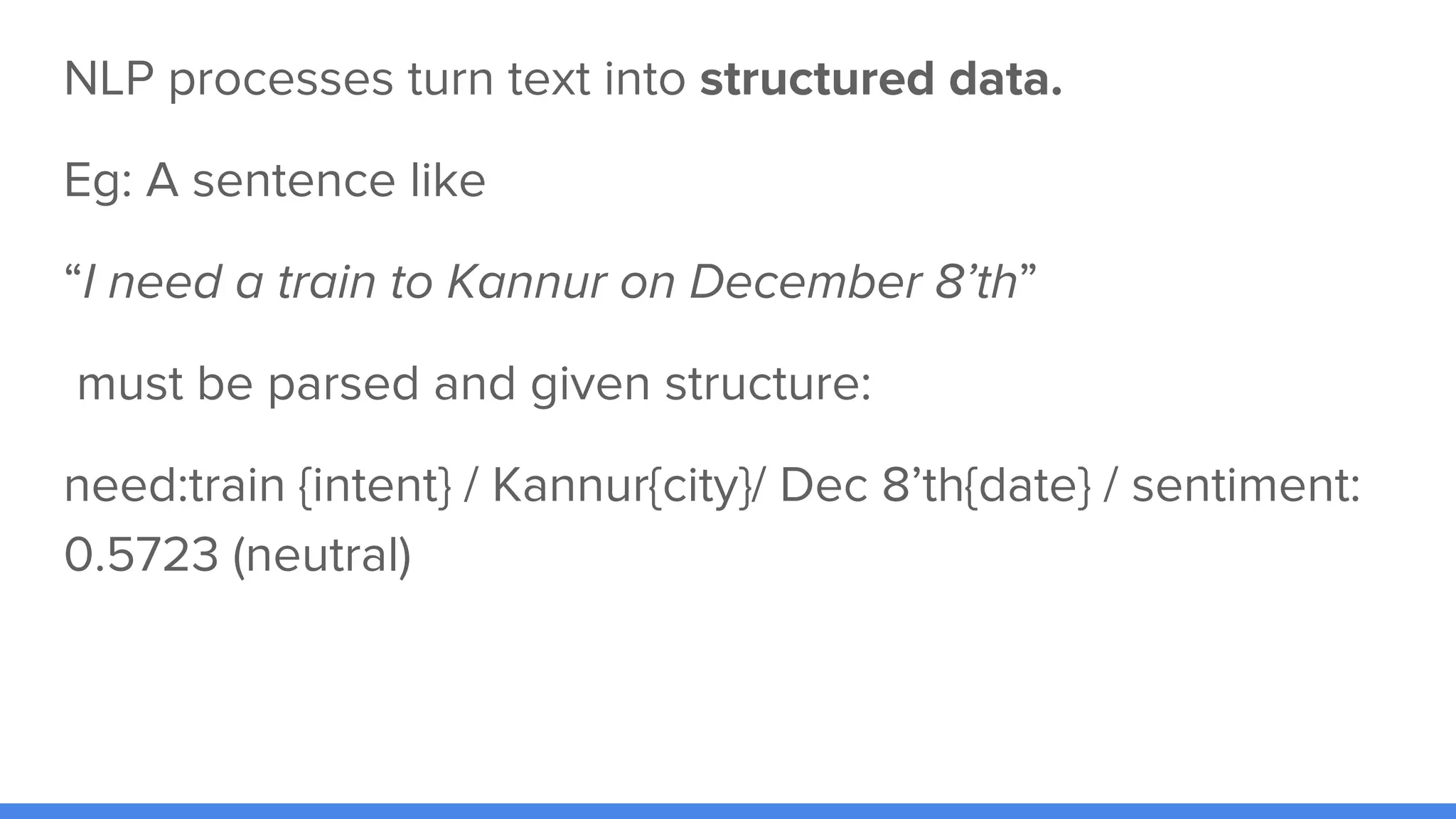 NLP processes turn text into structured data.
Eg: A sentence like
“I need a train to Kannur on December 8’th”
must be parsed and given structure:
need:train {intent} / Kannur{city}/ Dec 8’th{date} / sentiment:
0.5723 (neutral)
 