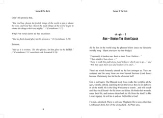 Saviour Of The World Saviour Of The World 
Didn’t He promise that, 
“But God has chosen the foolish things of the world to put to shame 
the wise, and God has chosen the weak things of the world to put to 
shame the things which are mighty.” (1 Corinthians 1:27) 
Why? Few verses down we find an answer: 
“that no flesh should glory in His presence.” (1 Corinthians 1:29) 
Because, 
“that as it is written, ‘He who glories, let him glory in the LORD.” 
(1 Corinthians 1:31 correlates with Jeremiah 9:24) 
c h a p t e r 3 
Aion – Aionion The Idiom Excuse 
As the lost in the world sing the phrases below (once my favourite 
worldly song – Open your eyes by alter bridge): 
“Constantly it burdens me, hard to trust, I can’t believe…” 
“I lost a faith, I lost a love …” 
“Hard to walk this path alone, hard to know which way to go…” and 
“Will they open their eyes and realize we’re one?...” 
These are words honestly uttered by the lost amongst us. They are 
scattered and far away from our true blessed Saviour (Lord Jesus) 
because Christianity has fed the lie of eternal hell! 
God is not happy. Our Blessed Lord Jesus walks the world in all the 
ages, silently, untold, searching for all the lost as they lie in darkness 
in all the world. He is the King Who came to search…and will search 
until they’re all found - for He knows no failure. He binds their wounds, 
cures their ills, and restores them back to life from the dead! In His 
Love (Agape), He will do it and not fail for He is God! 
I’m not a shepherd. There is only one Shepherd. He is none other than 
Lord Jesus Christ, Son of the Living God. As Peter says, 
30 31 
 