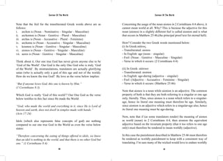 Saviour Of The World Saviour Of The World 
Note that the feel for the transliterated Greek words above are as 
follows: 
i. archon is (Noun – Nominative – Singular – Masculine) 
ii. archonton is (Noun – Genitive – Plural – Masculine) 
iii. archas is (Noun – Accusative – Plural – Feminine) 
iv. archonta is (Noun – Accusative – Singular – Masculine) 
v. kosmou is (Noun – Genitive – Singular – Masculine) 
vi. aionos is (Noun – Genitive – Singular – Masculine) 
vii. aeros is (Noun – Genitive – Singular – Masculine) 
Think about it. Our one true God has never given anyone else to be 
‘God of the World’. Our God is the only One God who is truly ‘God 
of the World’. By mistranslations, translators are actually glorifying 
satan (who is actually only a god of this age and not of the world). 
How do we know the true God? By love as the verse below implies: 
“But if anyone loves God, this one is known by Him.” 
(1 Corinthians 8:3) 
Which God is really ‘God of this world’? Our One God as the verse 
below testifies to this fact since He made the World: 
“God, who made the world and everything in it, since He is Lord of 
heaven and earth, does not dwell in temples made with hands.” 
(Acts 17:24) 
Idols (which also represents false concepts of god) are nothing 
compared to our one true God in the World as even the verse below 
states: 
“Therefore concerning the eating of things offered to idols, we know 
that an idol is nothing in the world, and that there is no other God but 
one.” (1 Corinthians 8:4) 
Concerning the usage of the noun aionos in 2 Corinthians 4:4 above, it 
cannot mean world at all. Why? This is because the adjective for this 
noun (aionos) in a slightly different feel is called aionion and is what 
that occurs in Matthew 25:46,(the principal proof text for eternal hell). 
How? Consider the two Greek words mentioned below: 
(i) In Greek:αἰῶνος 
- Transliterated: aionos 
- In English: age (noun – singular) 
- Feel: (Noun – Genitive – Masculine – Singular) 
- Verse in which it occurs: (2 Corinthians 4:4) 
(ii) In Greek: αἰώνιον 
- Transliterated: aionion 
- In English: age-during (adjective – singular) 
- Feel: (Adjective – Accusative – Feminine – Singular) 
- Verse in which it occurs: (Matthew 25:46) 
Note that aionos is a noun while aionion is an adjective. The common 
property of both is that they are both referring to a singular or one age 
only, literally. Thus, since aionos is a noun which refers to a singular-age, 
hence its literal one meaning must therefore be age. Similarly, 
since aionion is an adjective which refers to a singular-age also, hence 
its literal one meaning must be age-during. 
Now, note that if (as some translators render) the meaning of aionos 
as world (noun) in 2 Corinthians 4:4, then aionion the equivalent 
adjective based on the invariant property (that it too refers to one age 
only) must therefore be rendered to mean worldly (adjective). 
In this case the punishment described in Matthew 25:46 must therefore 
be rendered as worldly punishment to keep with a consistent way of 
translating. I’m sure many of the wicked would love to endure worldly 
140 141 
 
