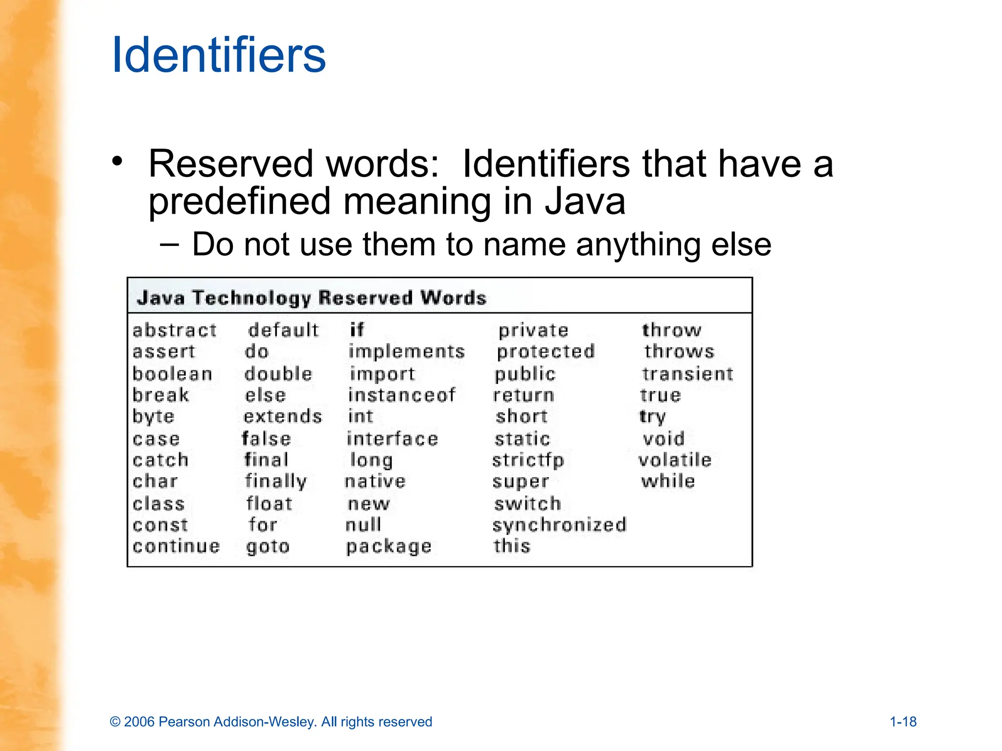 © 2006 Pearson Addison-Wesley. All rights reserved 1-18
Identifiers
• Reserved words: Identifiers that have a
predefined meaning in Java
– Do not use them to name anything else
 