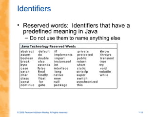 © 2006 Pearson Addison-Wesley. All rights reserved 1-18
Identifiers
• Reserved words: Identifiers that have a
predefined meaning in Java
– Do not use them to name anything else
 