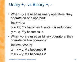 © 2006 Pearson Addison-Wesley. All rights reserved 1-40
Unary +,- vs Binary +, -
• When +,- are used as unary operators, they
operate on one operand:
int x=4, y;
y = +x; // y becomes 4, note + is redundant
y = -x; // y becomes -4
• When +,- are used as binary operators, they
operate on two operands:
int x=4, y=2, z;
z = x + y; // z becomes 6
z = x – y; // z becomes 2
 