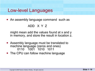 Low-level Languages An assembly language command  such as   ADD  X  Y  Z might mean add the values found at x and y  in memory, and store the result in location z. Assembly language must be translated to  machine language (zeros and ones)    0110  1001  1010  1011 The CPU can follow machine language Slide 1-  