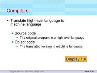 Translate high-level language to  machine language Source code The original program in a high level language Object code The translated version in machine language Compilers Slide 1-  Display 1.4 