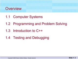 Overview 1.1  Computer Systems  1.2  Programming and Problem Solving 1.3  Introduction to C++ 1.4  Testing and Debugging Slide 1-  